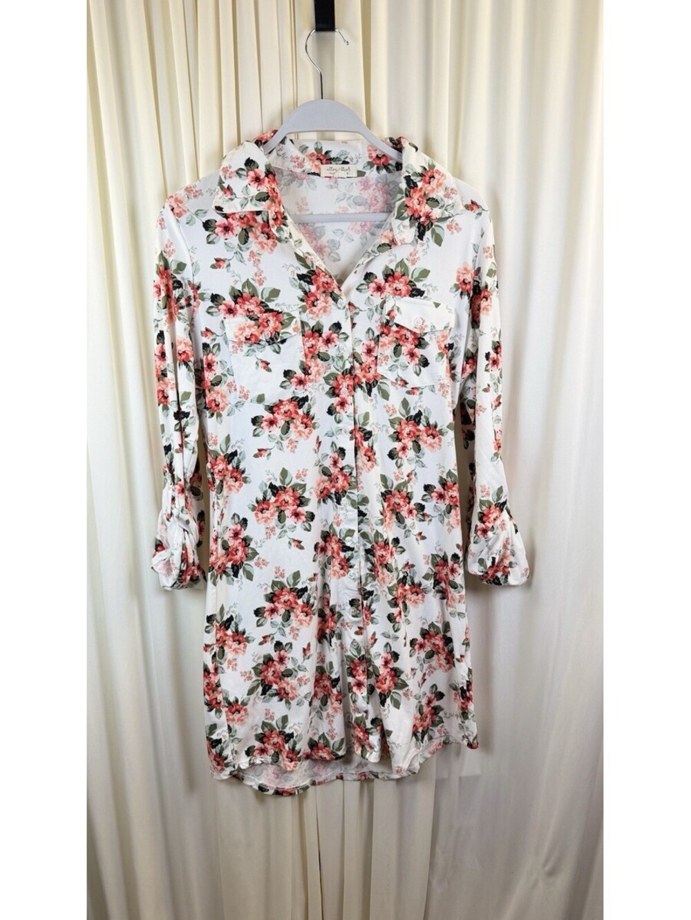Ultra Flirt Shirt Dress Jersey Knit White Pink Floral Button Up Large Casual